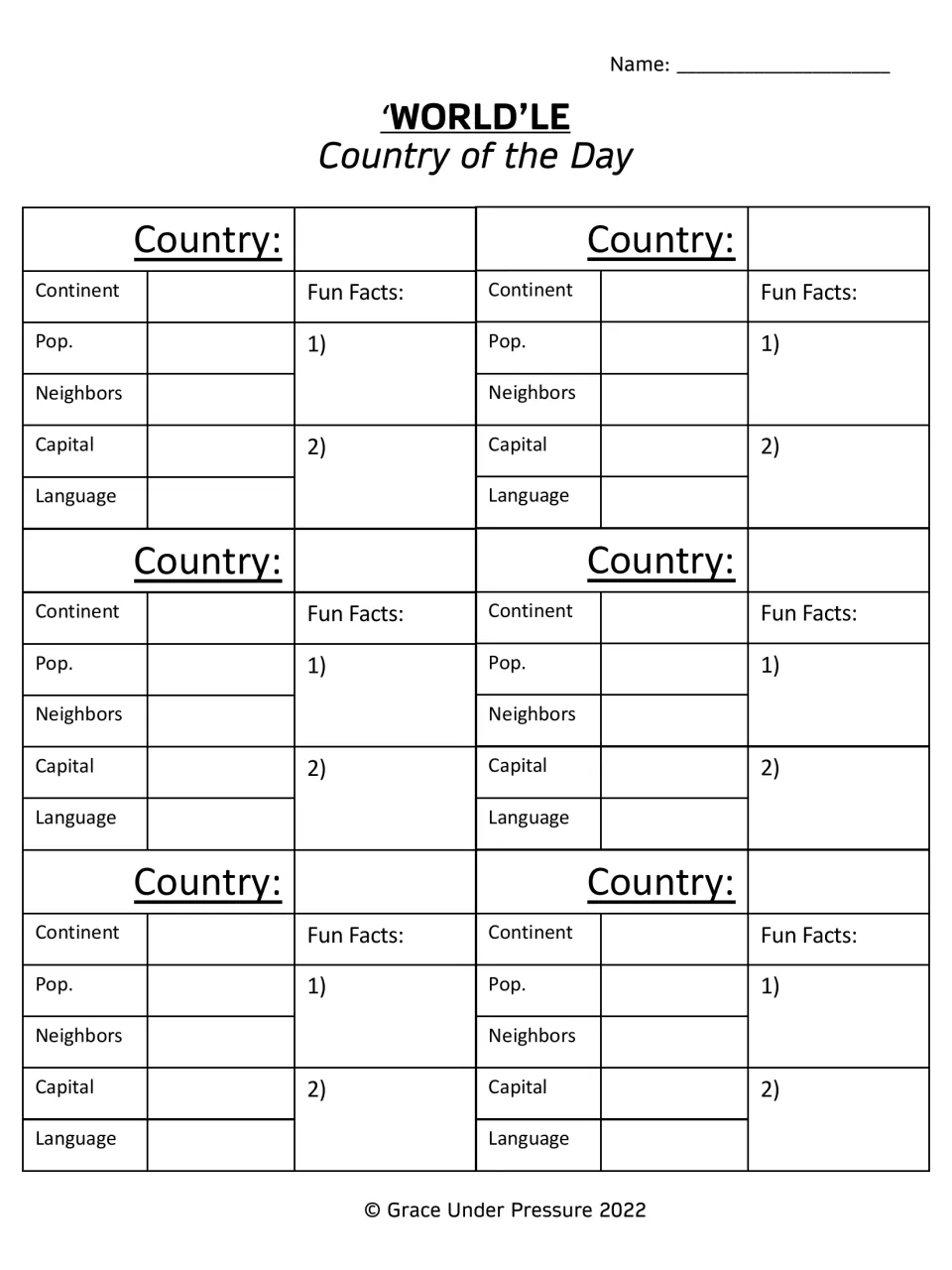 Second fact log sheet: six more country profiles with continent, pop., neighbors, capital, language and fun facts