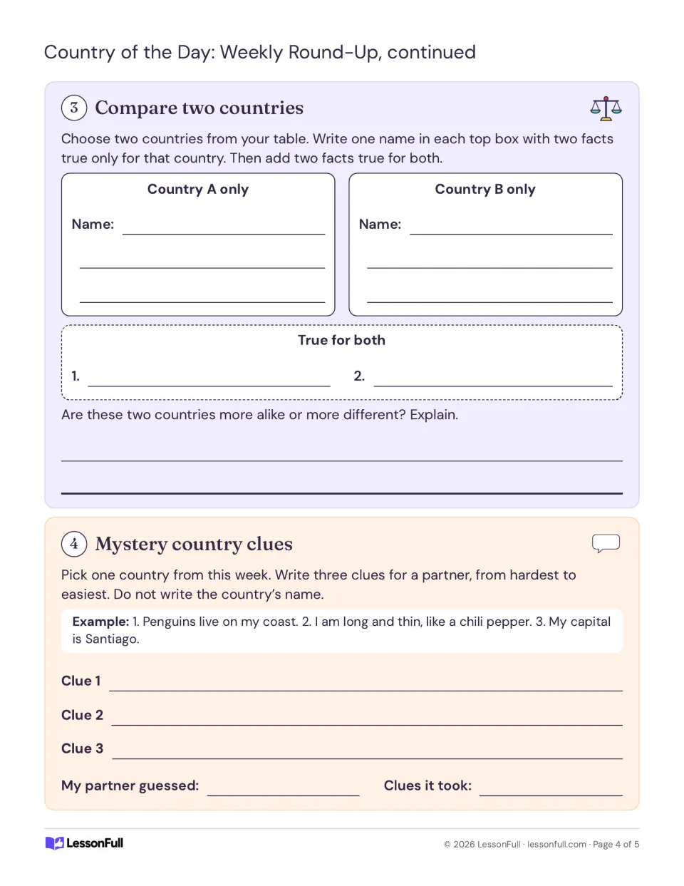 Weekly geography round-up, part 2: compare two countries and write three mystery country clues for a partner.