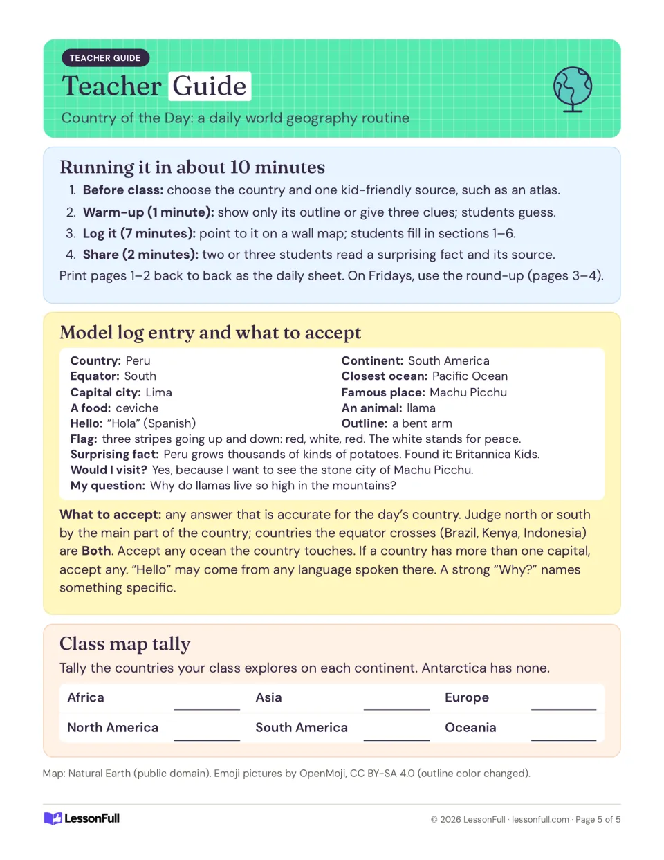 Teacher guide: a 10-minute geography routine, a model Peru log, response guidance, and a continent tally.