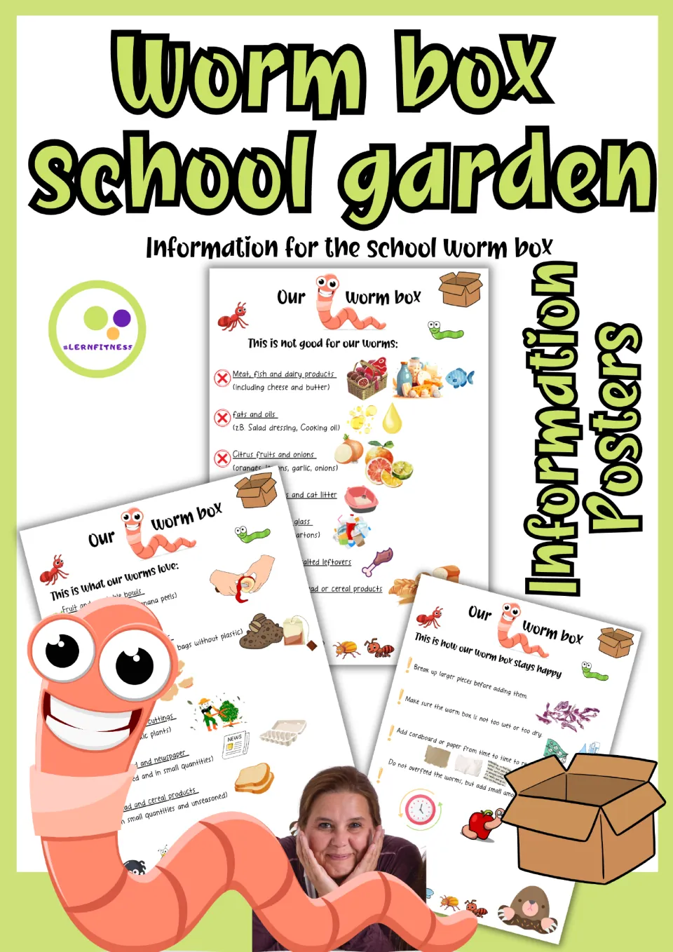 Cover of the school garden worm box poster set, showing previews of feeding and worm bin care information.