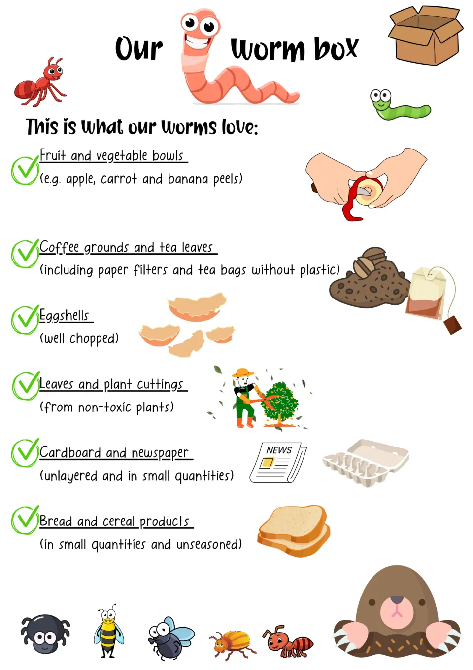 Worm food poster listing fruit and vegetable peels, coffee grounds, tea leaves, eggshells, paper, and more.