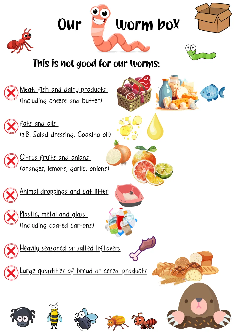 Worm bin poster listing materials to avoid: meat, fish, dairy, oils, citrus, onions, animal waste, and more.