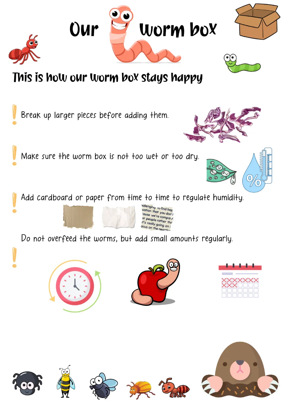 Worm bin care poster: break up scraps, balance moisture, add paper or cardboard, and feed small amounts regularly.