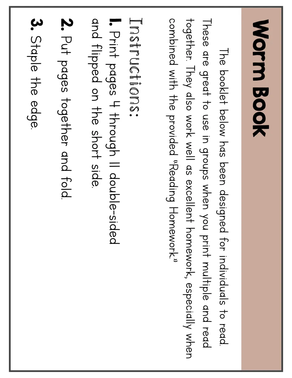 Worm booklet instructions: print pages 4–11 double-sided, flip on the short side, fold, and staple the edge