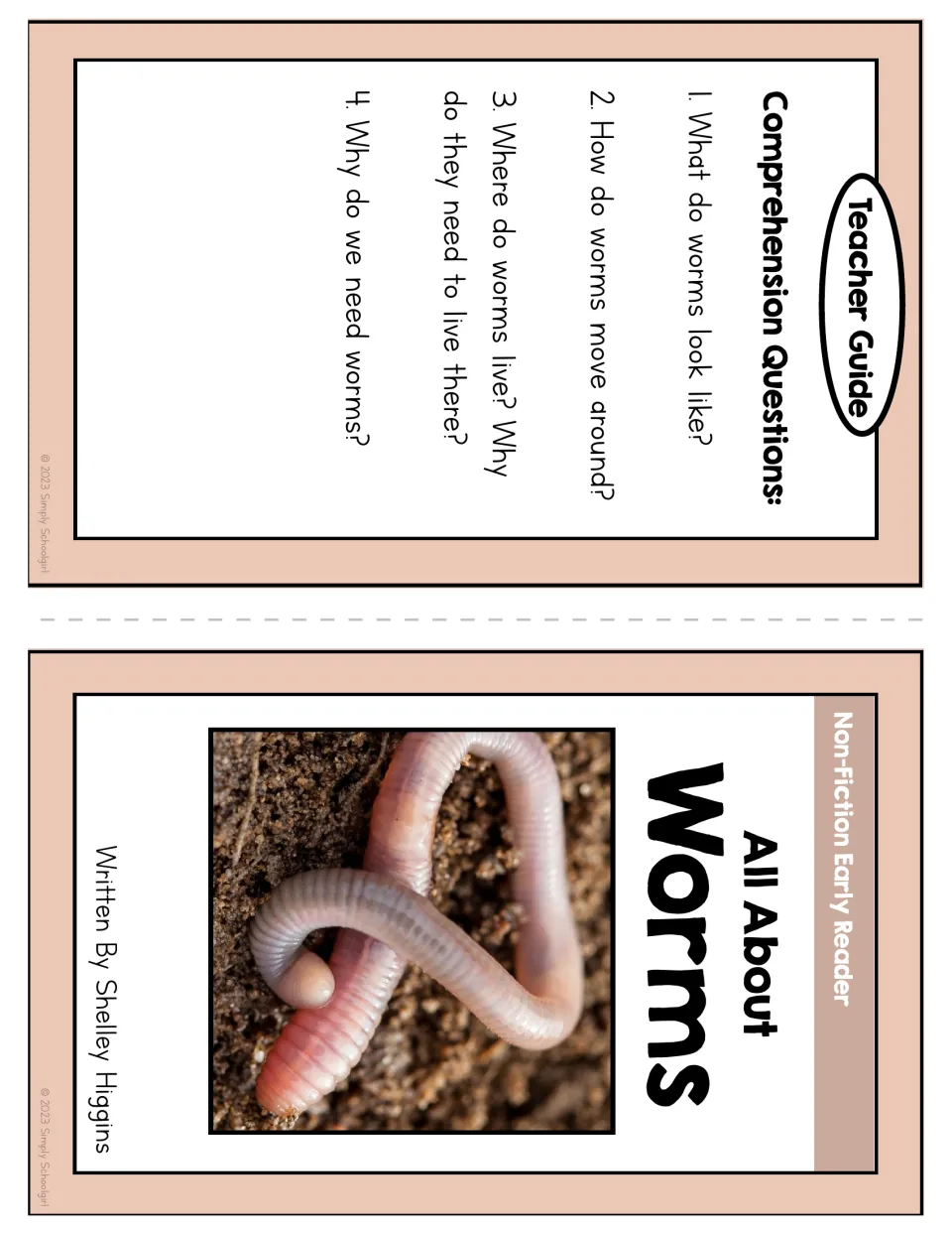 Booklet cover and teacher guide with four questions about worm appearance, movement, habitat, and importance
