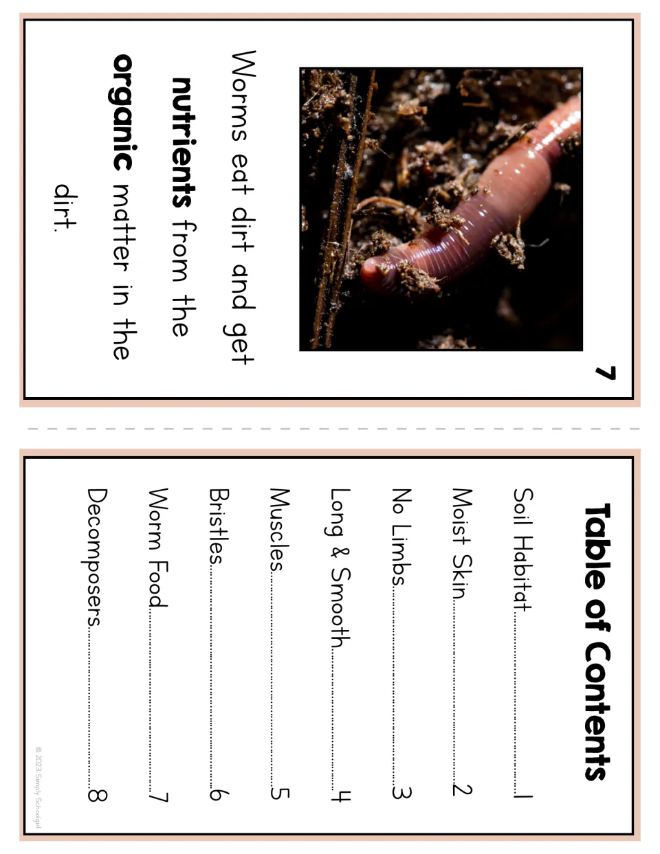 Worm reader page 7 explains food and nutrients from organic matter; the contents lists eight reading topics