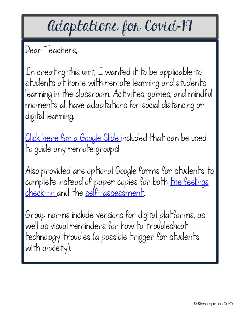 Remote learning guidance covers Google Slides, feelings check-in forms, self-assessment, and group norms