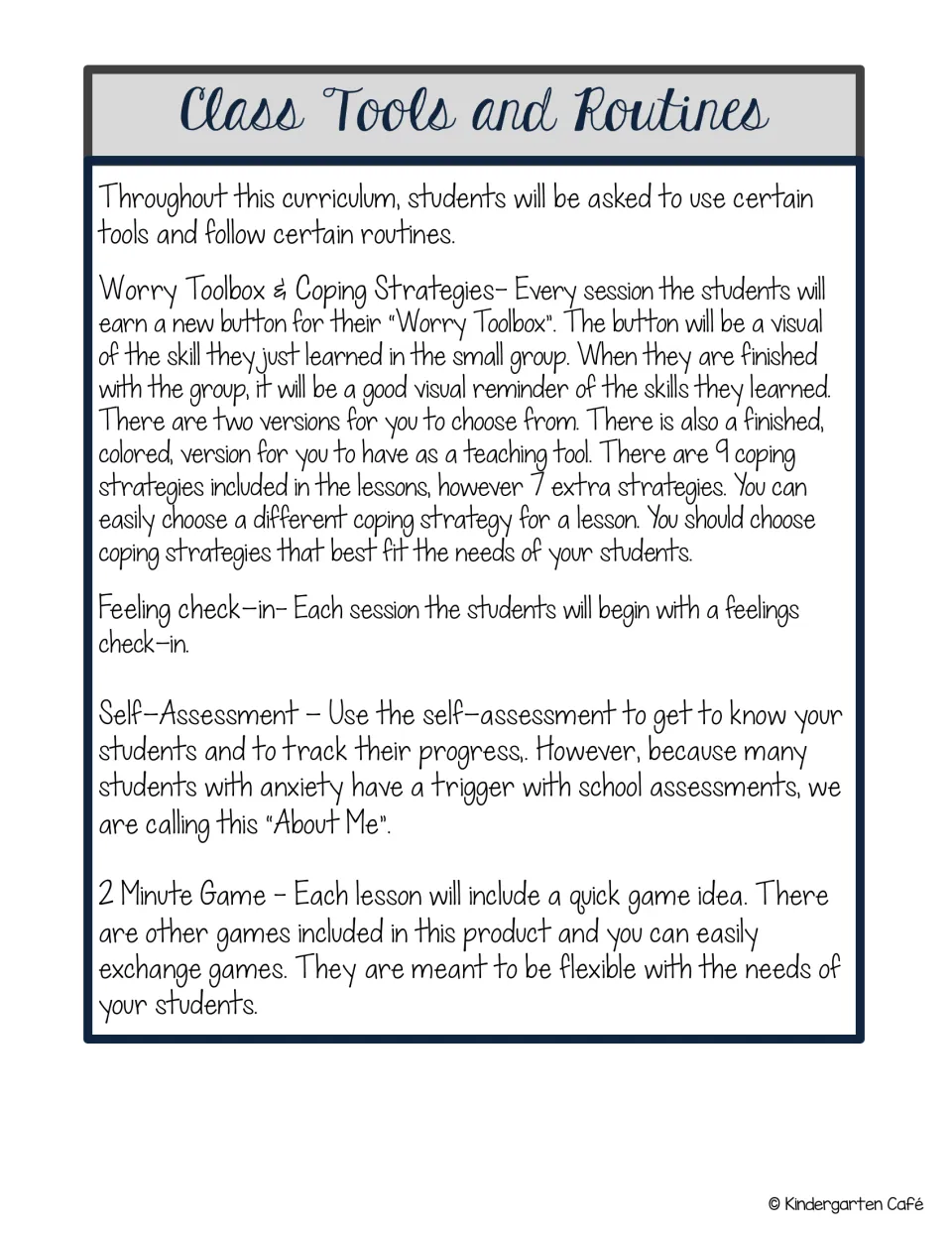 Class tools and routines explain worry toolbox buttons, feelings check-ins, self-assessment, and quick games