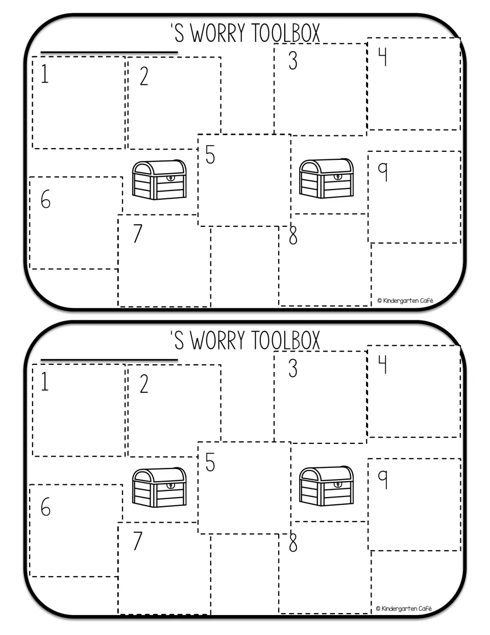 Two worry toolbox templates each have nine numbered spaces for the coping strategy buttons from lessons