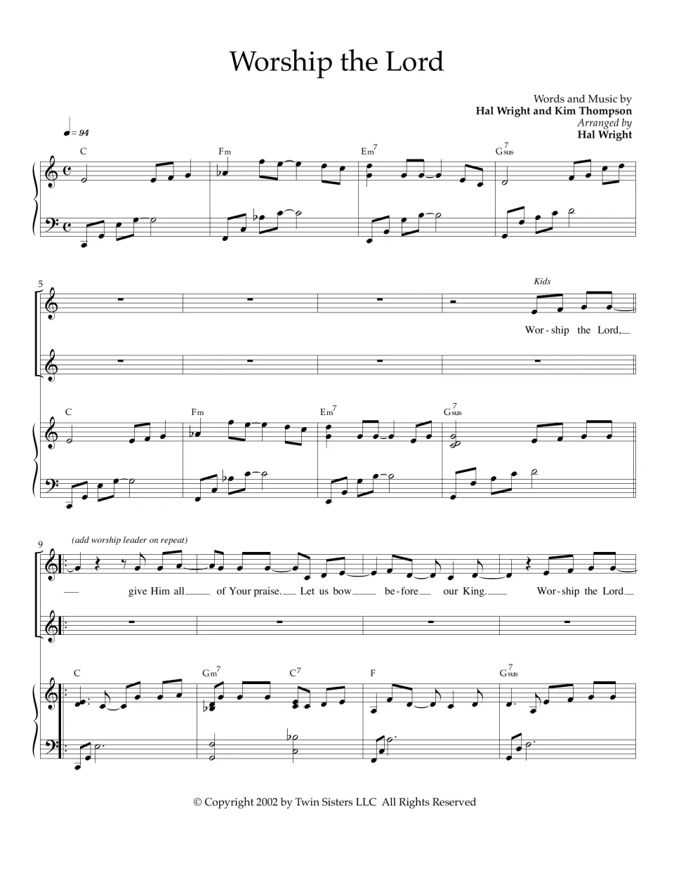 Worship the Lord score, bars 1-12: piano intro with chord symbols, then kids sing 'give Him all of Your praise'