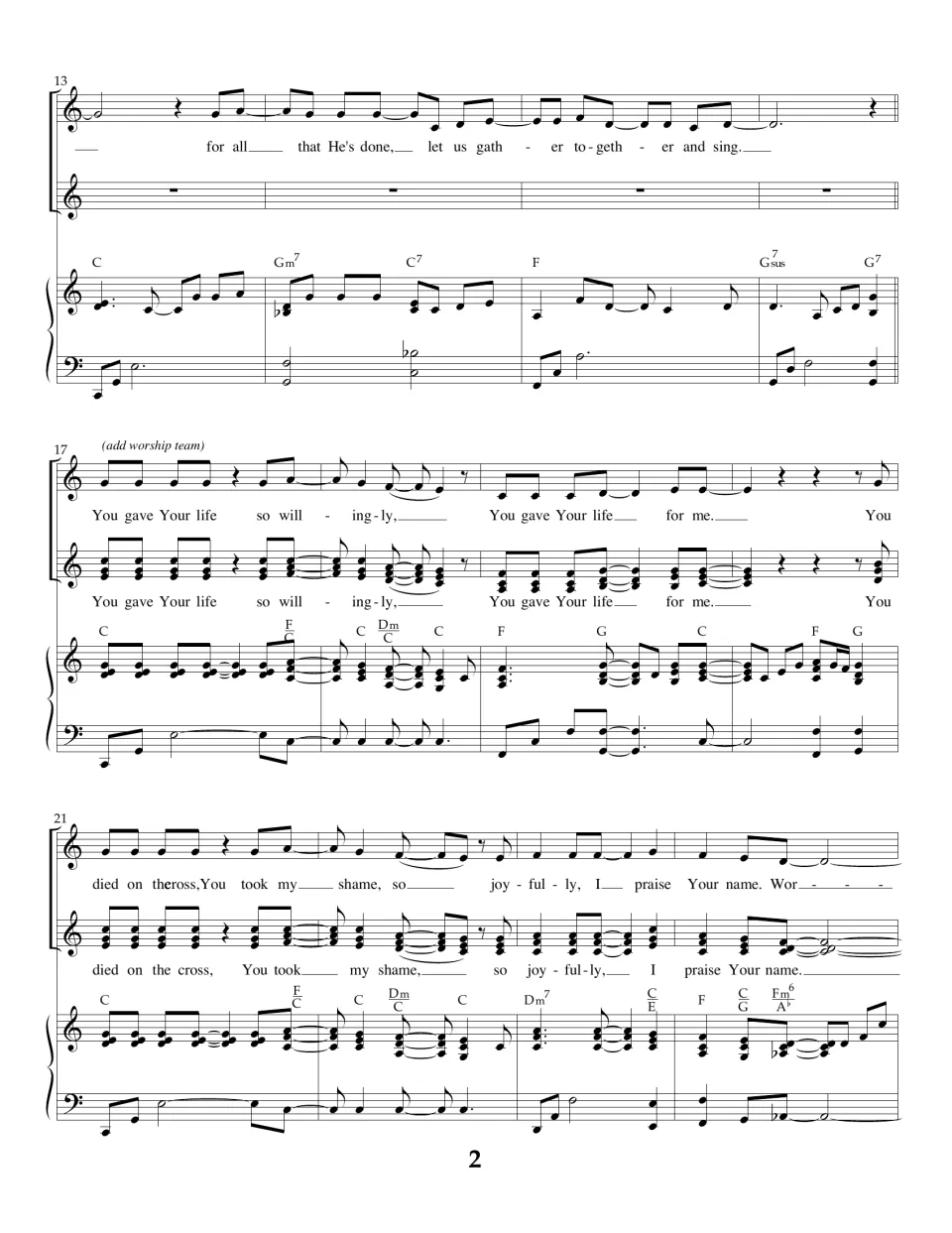 Bars 13-24: kids and worship team sing 'You gave Your life so willingly' in two vocal parts over piano with chords