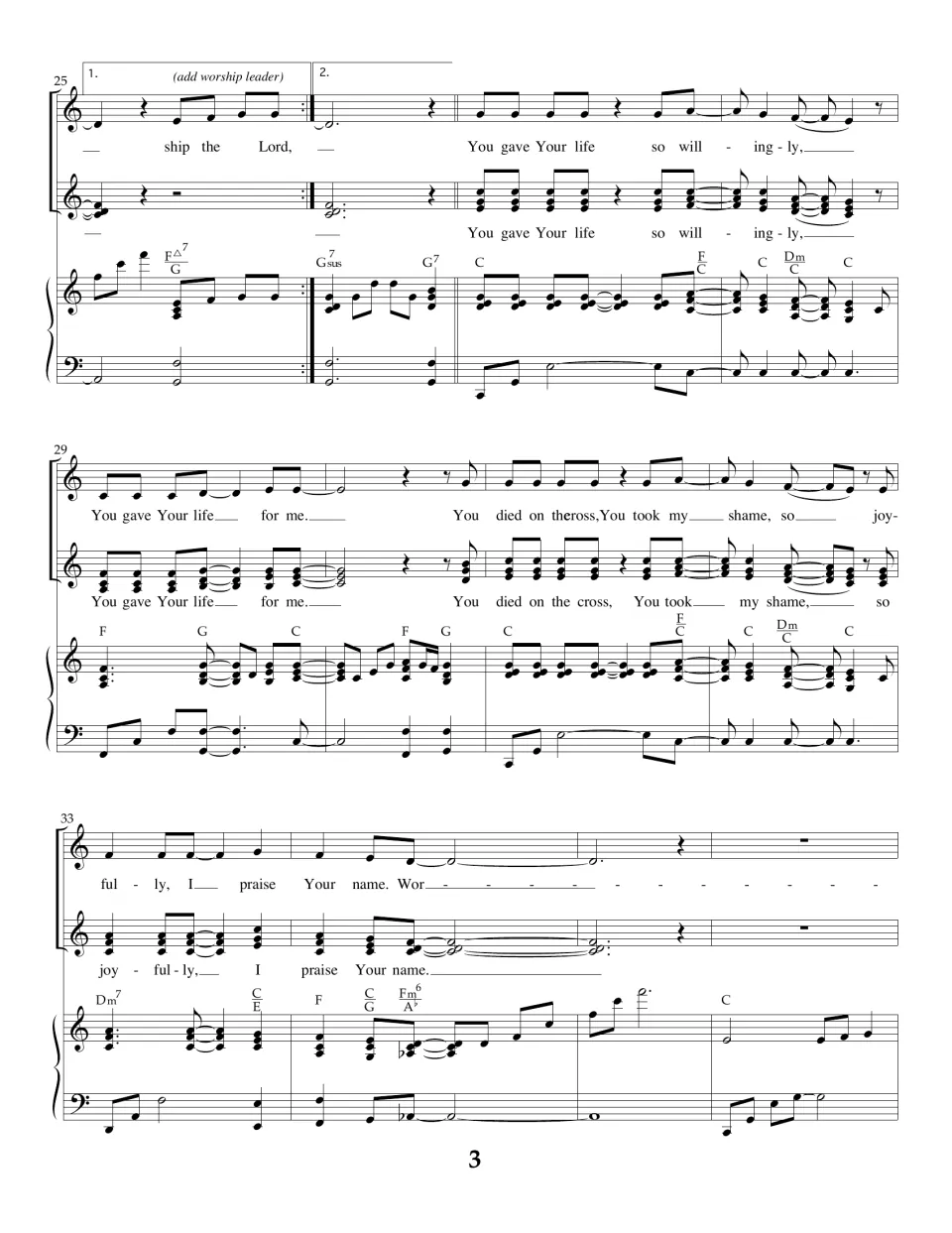 Bars 25-36: first and second endings, then the 'You died on the cross' verse repeats in two voices over piano chords