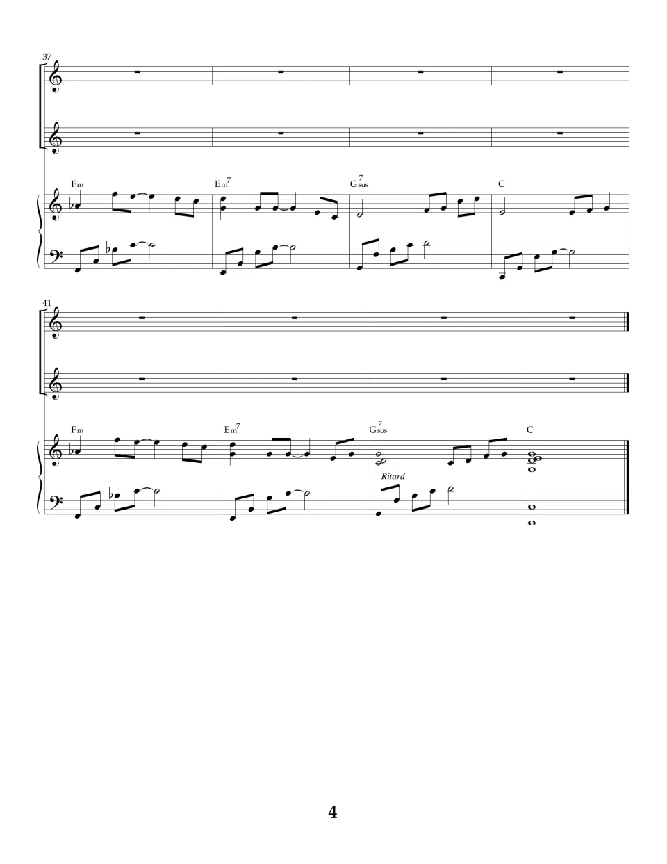 Closing bars 37-44: piano-only outro over Fm, Em7, Gsus and C chords while vocal parts rest, ending with a ritard