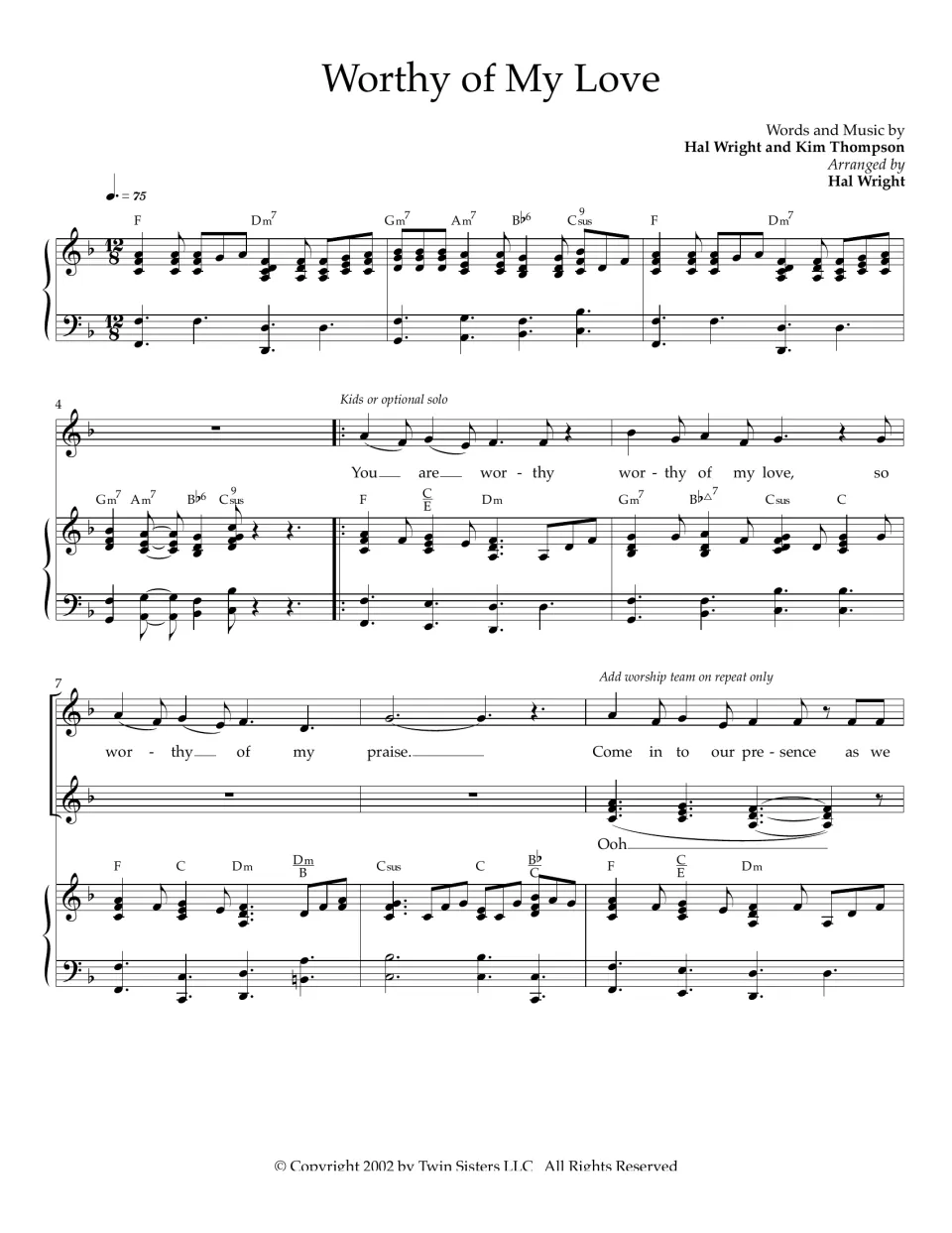 Worthy of My Love score, bars 1-9: piano intro in F, then kids or solo sing "You are worthy of my love" over chord symbols