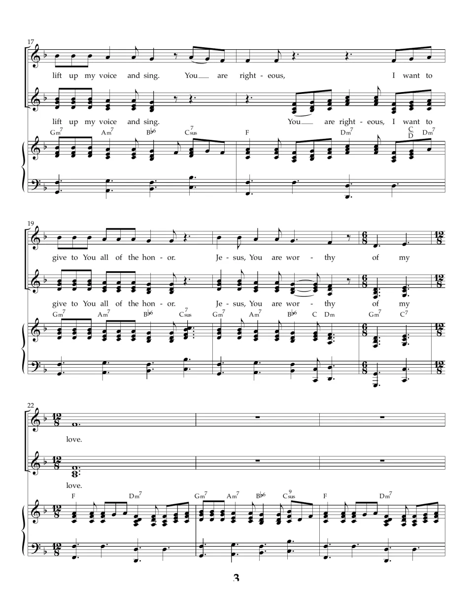 Bars 17-24: singers reach "lift up my voice and sing" and "Jesus, You are worthy of my love," then a 12/8 piano interlude