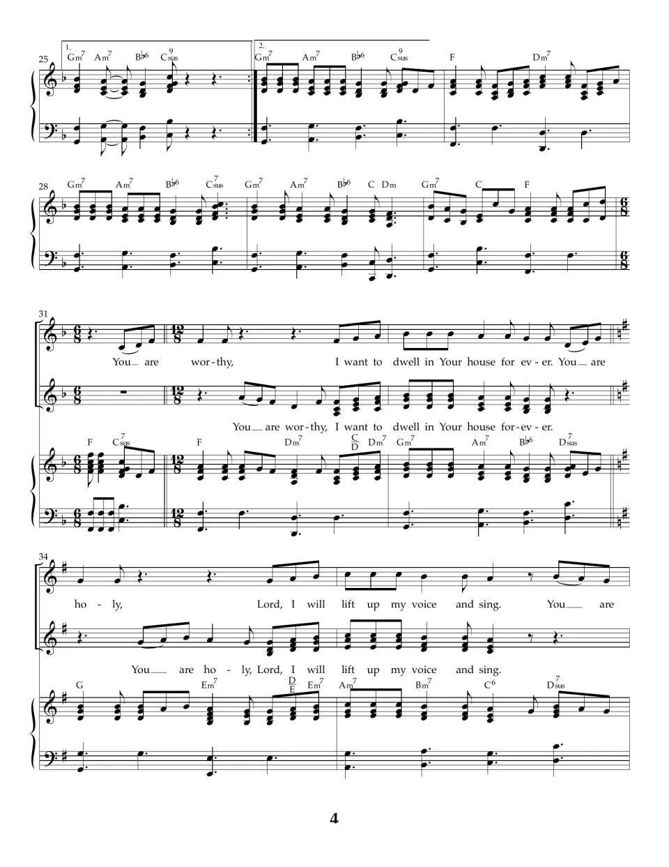 Bars 25-35: piano first and second endings, then voices repeat "You are worthy" and "holy" as the key changes from F to G