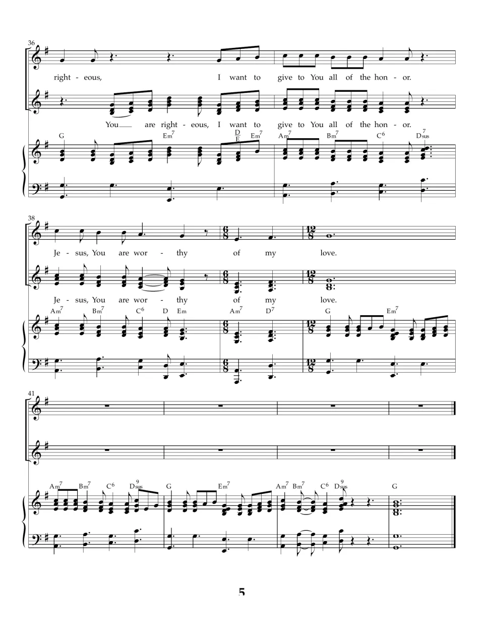 Bars 36-44 in G: closing "You are righteous" and "Jesus, You are worthy" phrases, then a four-bar piano outro ending on G