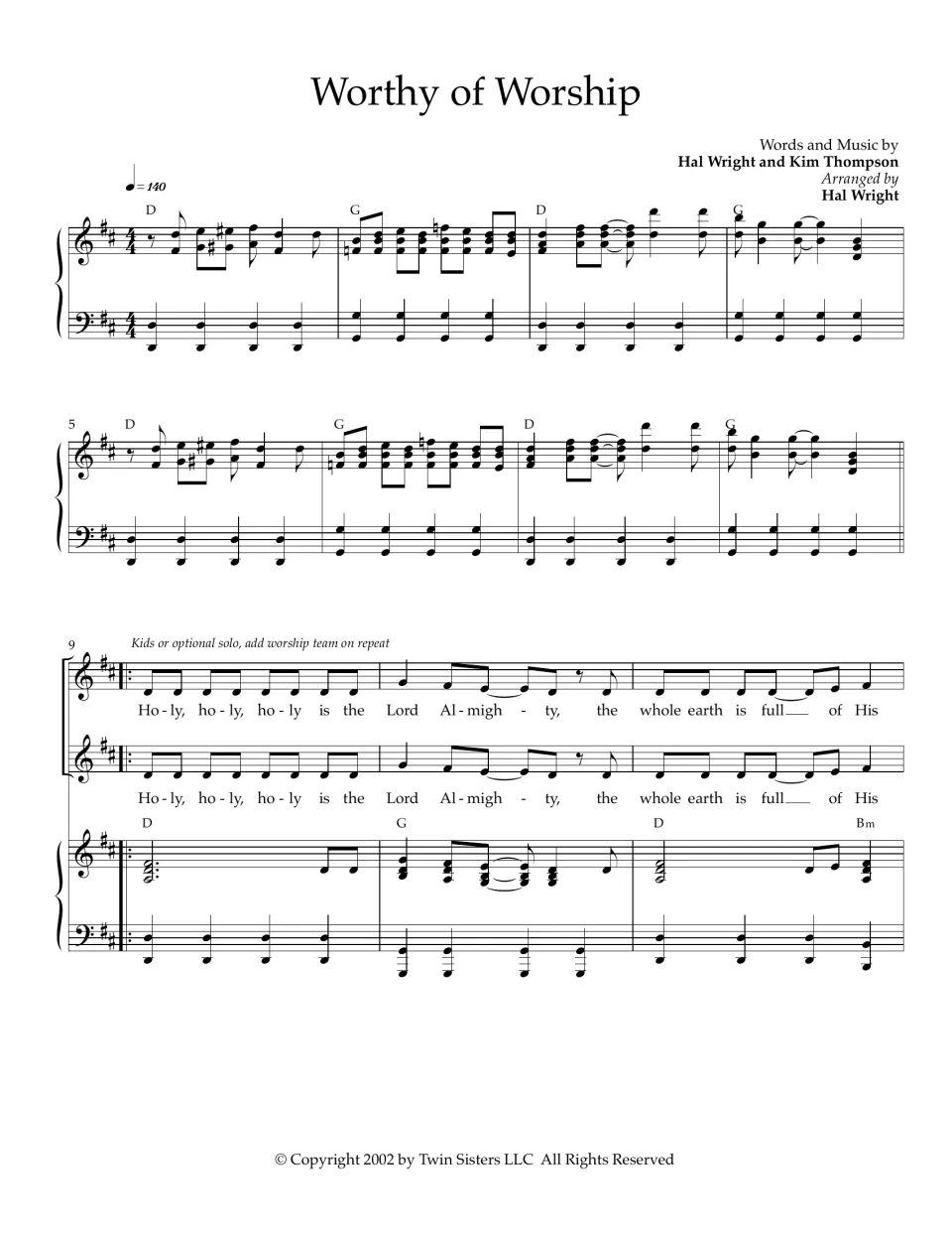 Worship song score, bars 1-11: piano intro in D, then two vocal parts begin singing Holy is the Lord Almighty