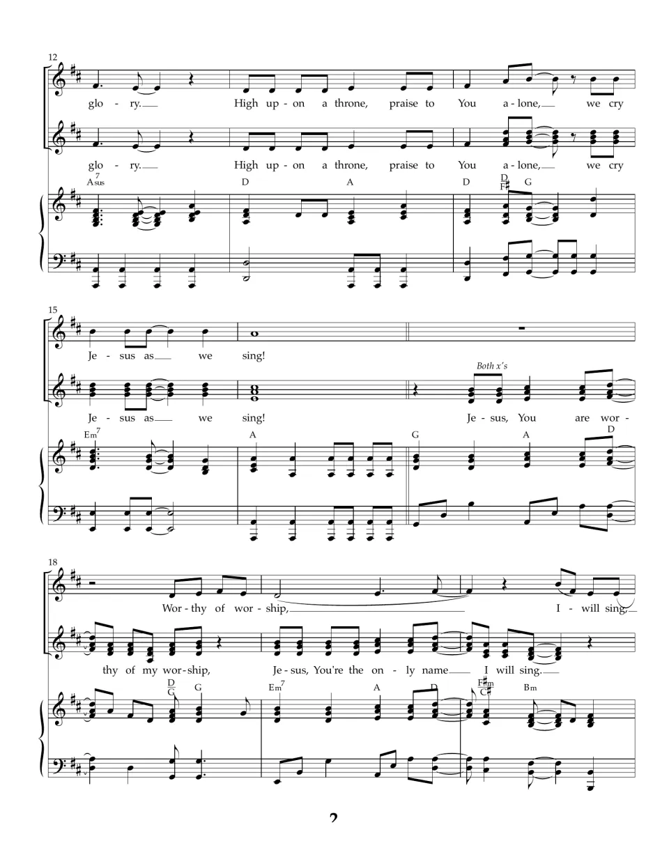 Song score, bars 12-20: vocal lines sing High upon a throne, praise to You alone, then the chorus over piano and chords