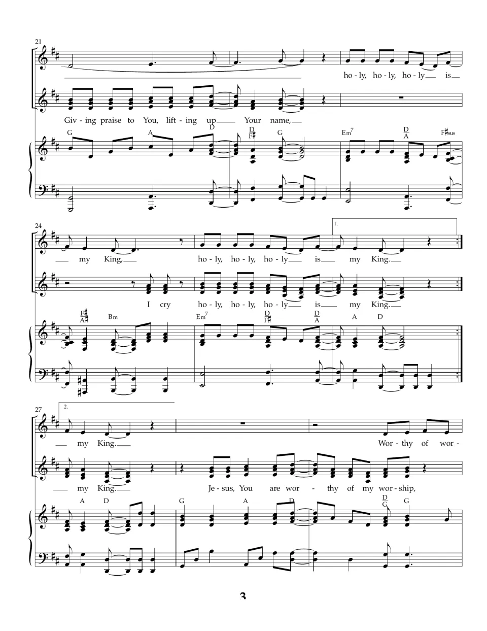 Song score, bars 21-29: chorus lyrics Giving praise to You, lifting up Your name, with 1st and 2nd endings and a repeat