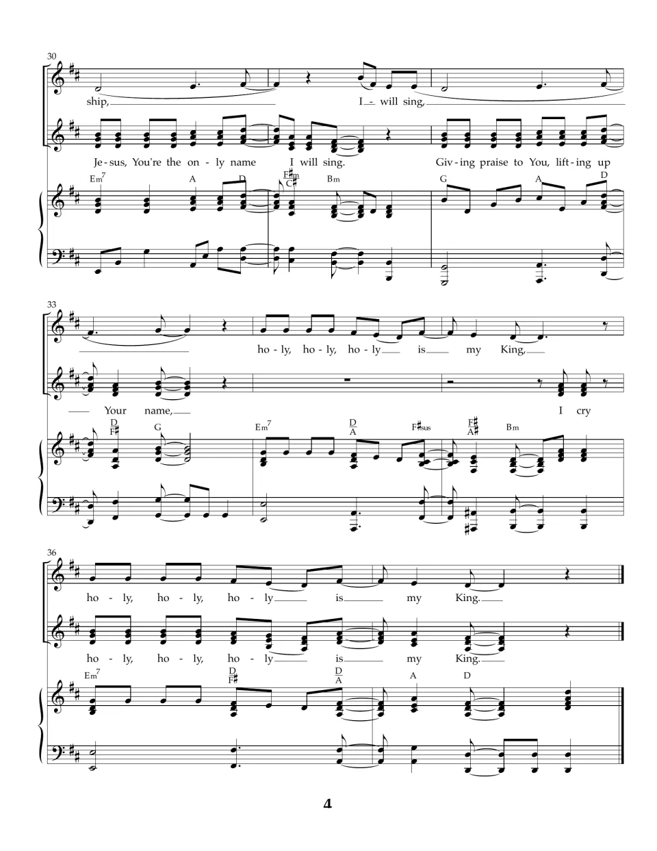 Song score, bars 30-38: final chorus with I will sing and Giving praise to You, closing on the words is my King