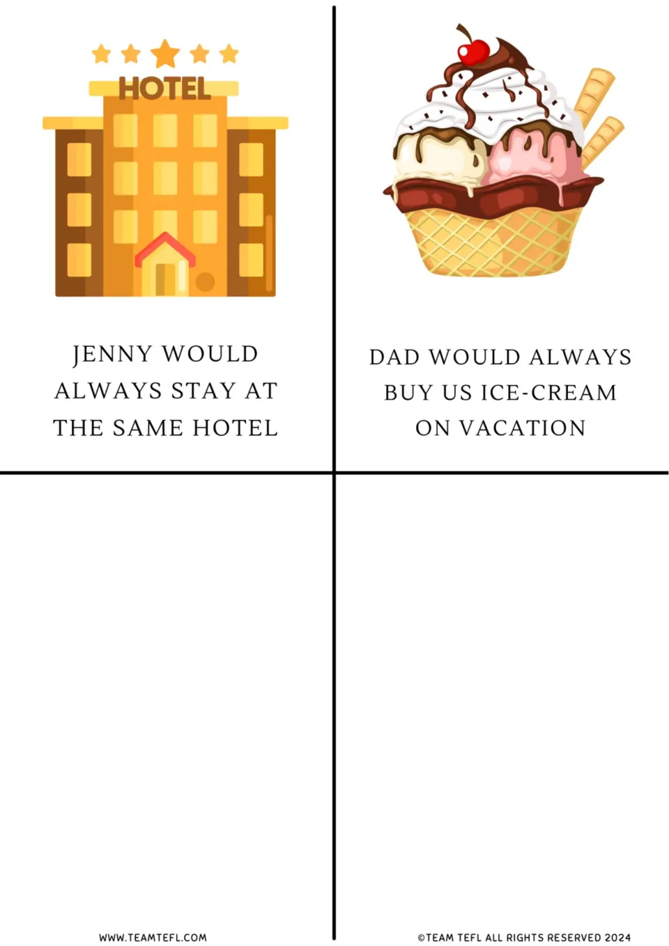 Would for past habits picture cards: a hotel stay and ice-cream on vacation, with two empty spaces left blank