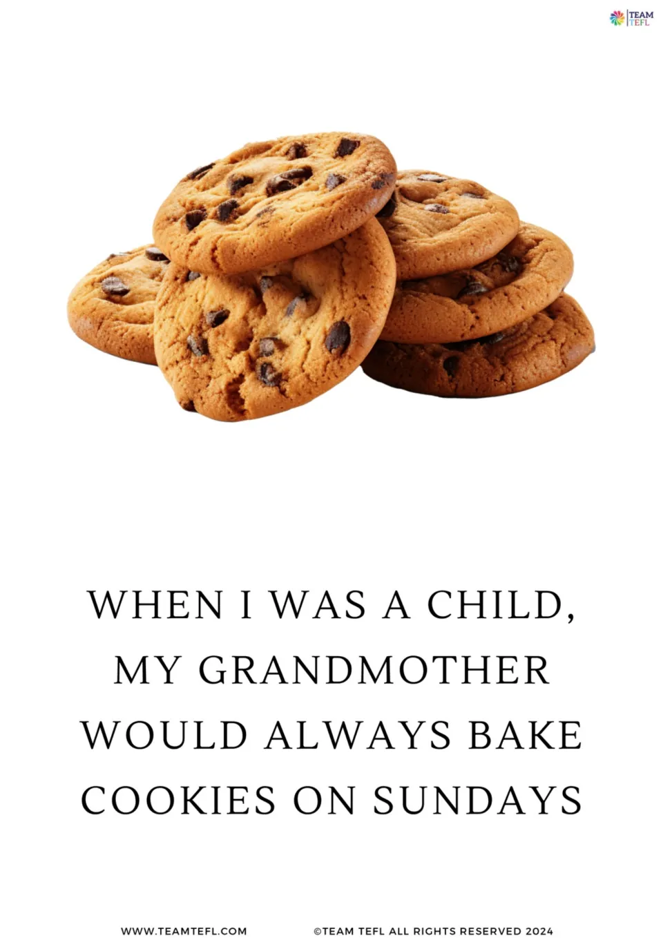 Single card of a grandmother baking cookies on Sundays when the speaker was a child, shown with a cookie image