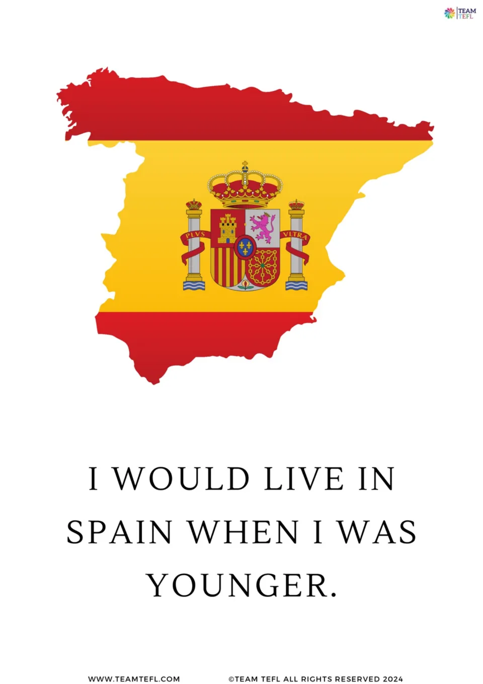 Single card of living in Spain when younger, shown over a map of Spain filled with the national flag