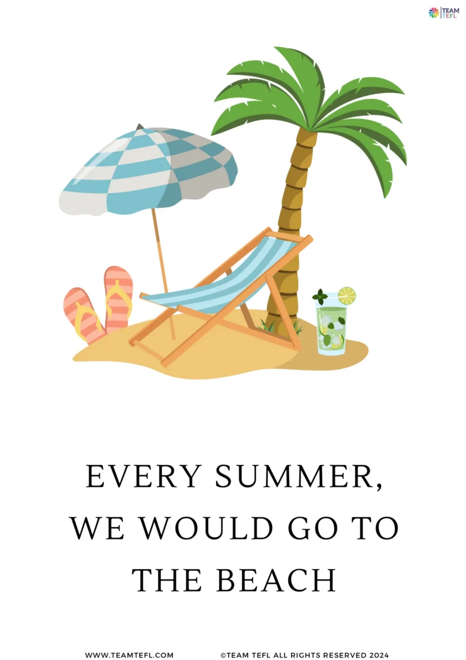 Single card of going to the beach every summer, shown with a beach umbrella, deck chair, palm tree and drink