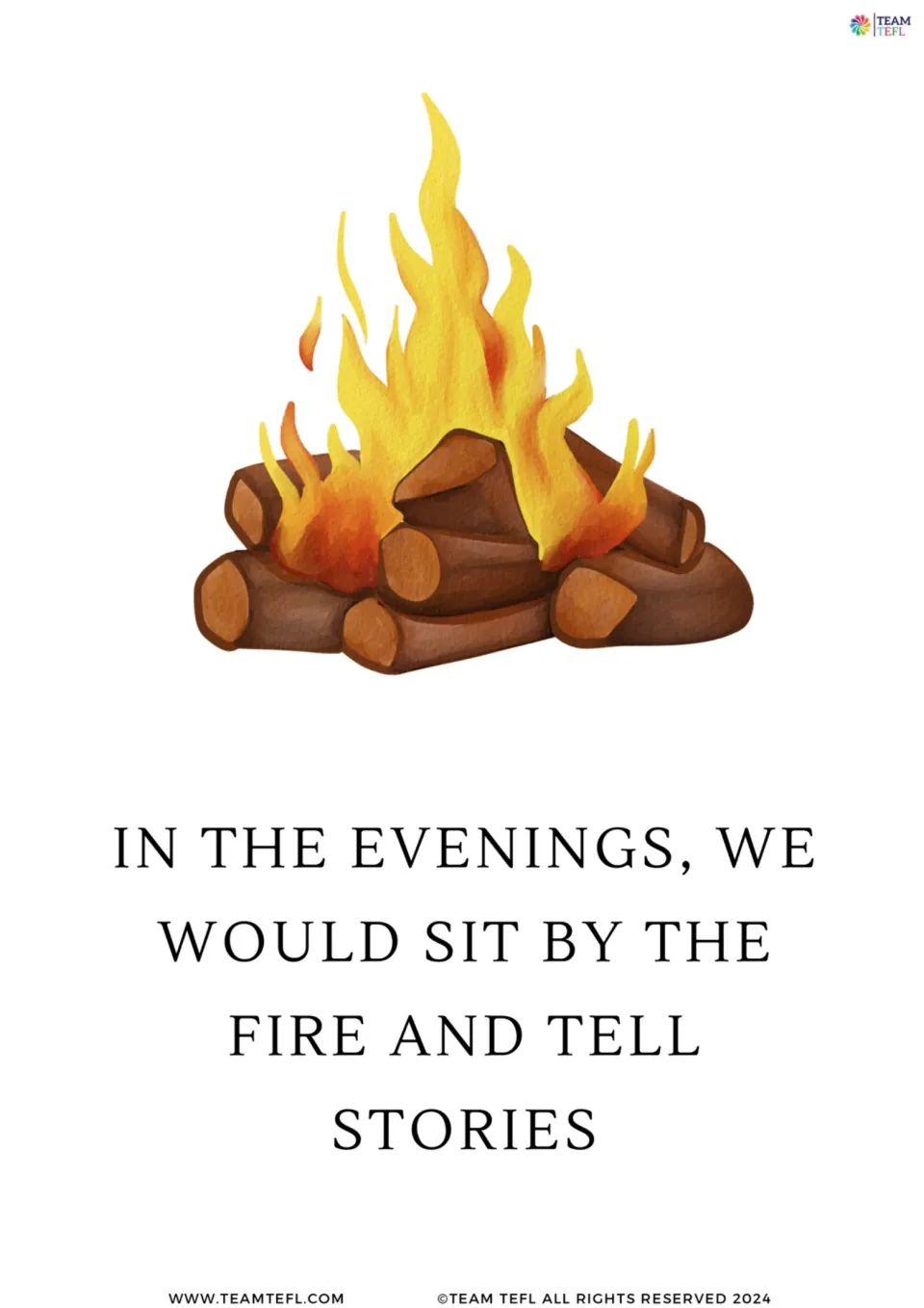 Single card of evening storytelling: a campfire illustration with the sentence about sitting by the fire and telling stories