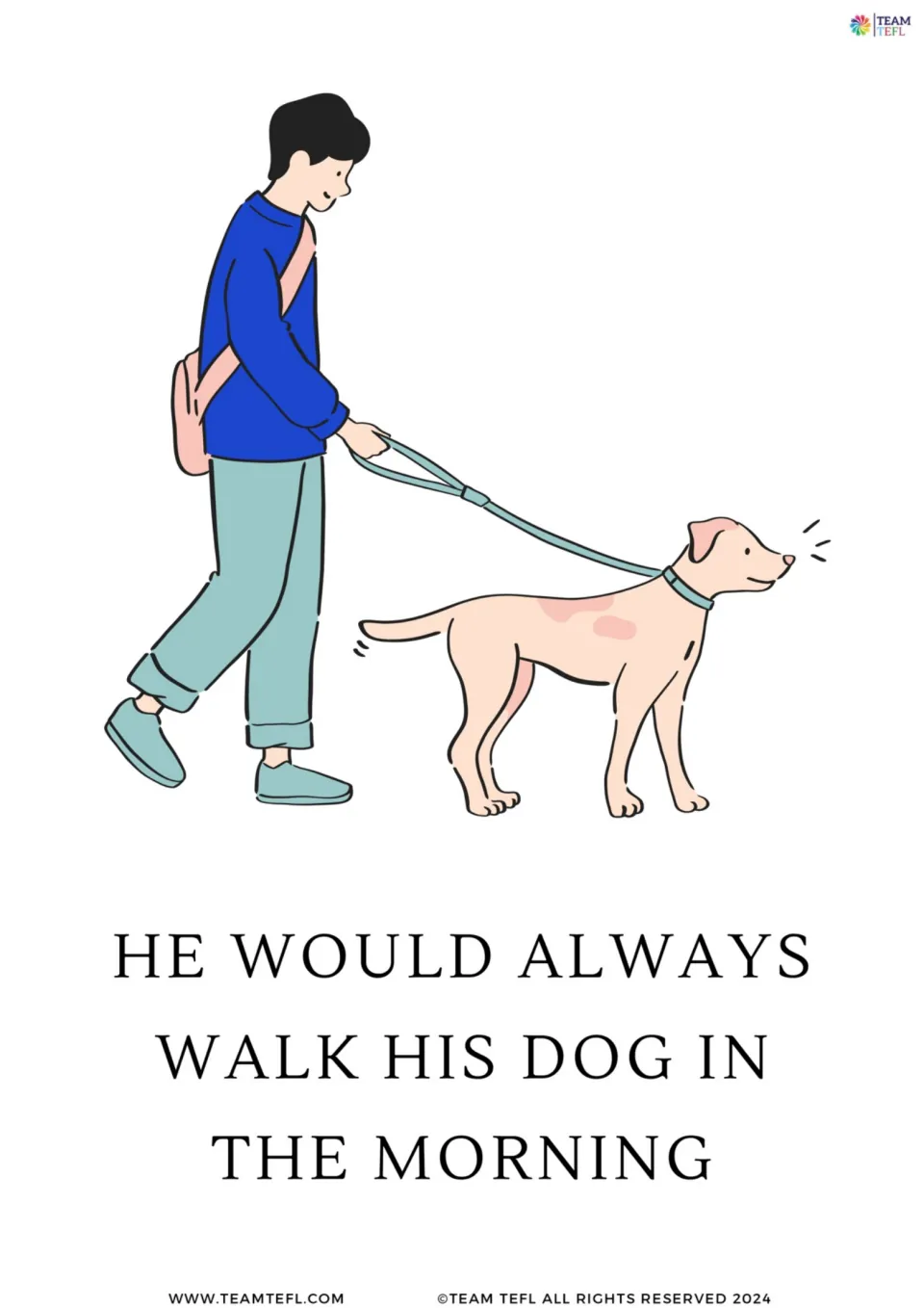 Single card of a boy walking his dog, with the sentence 'He would always walk his dog in the morning'