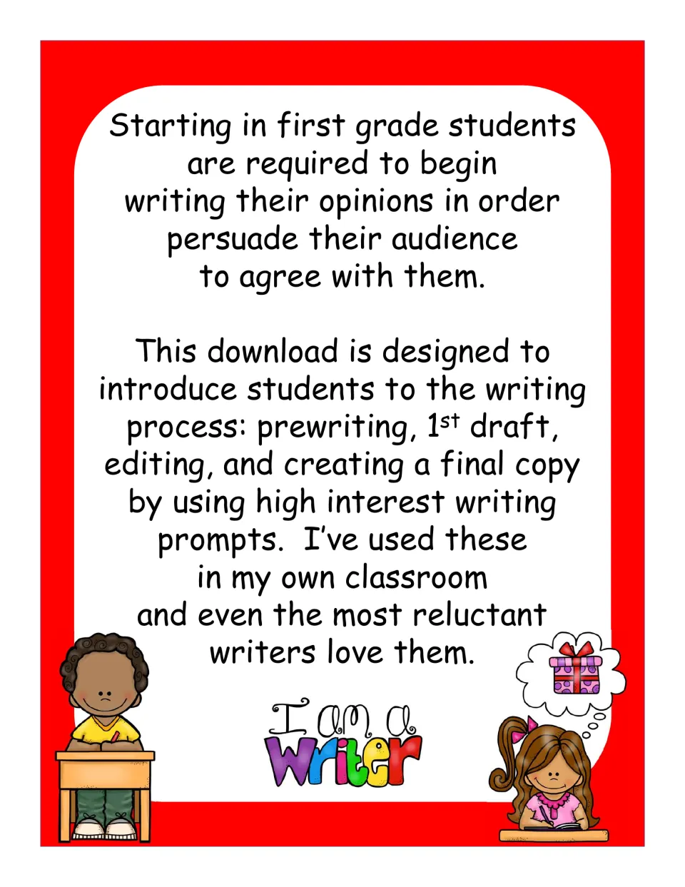 Opinion writing intro note: prompts walk students through prewriting, 1st draft, editing and creating a final copy