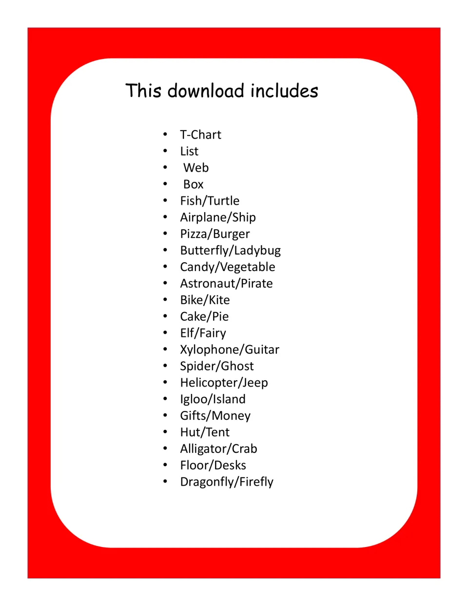 Contents list: T-chart, list, web and box organizers plus pairs like Fish/Turtle, Pizza/Burger and Dragonfly/Firefly