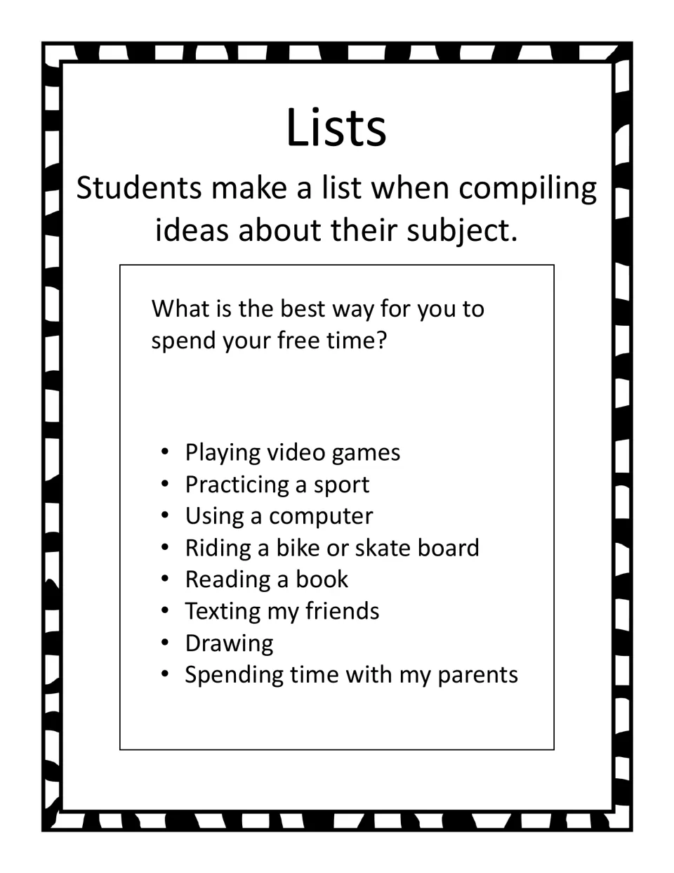 Lists model for brainstorming: ideas for the best way to spend free time, such as video games, reading and drawing