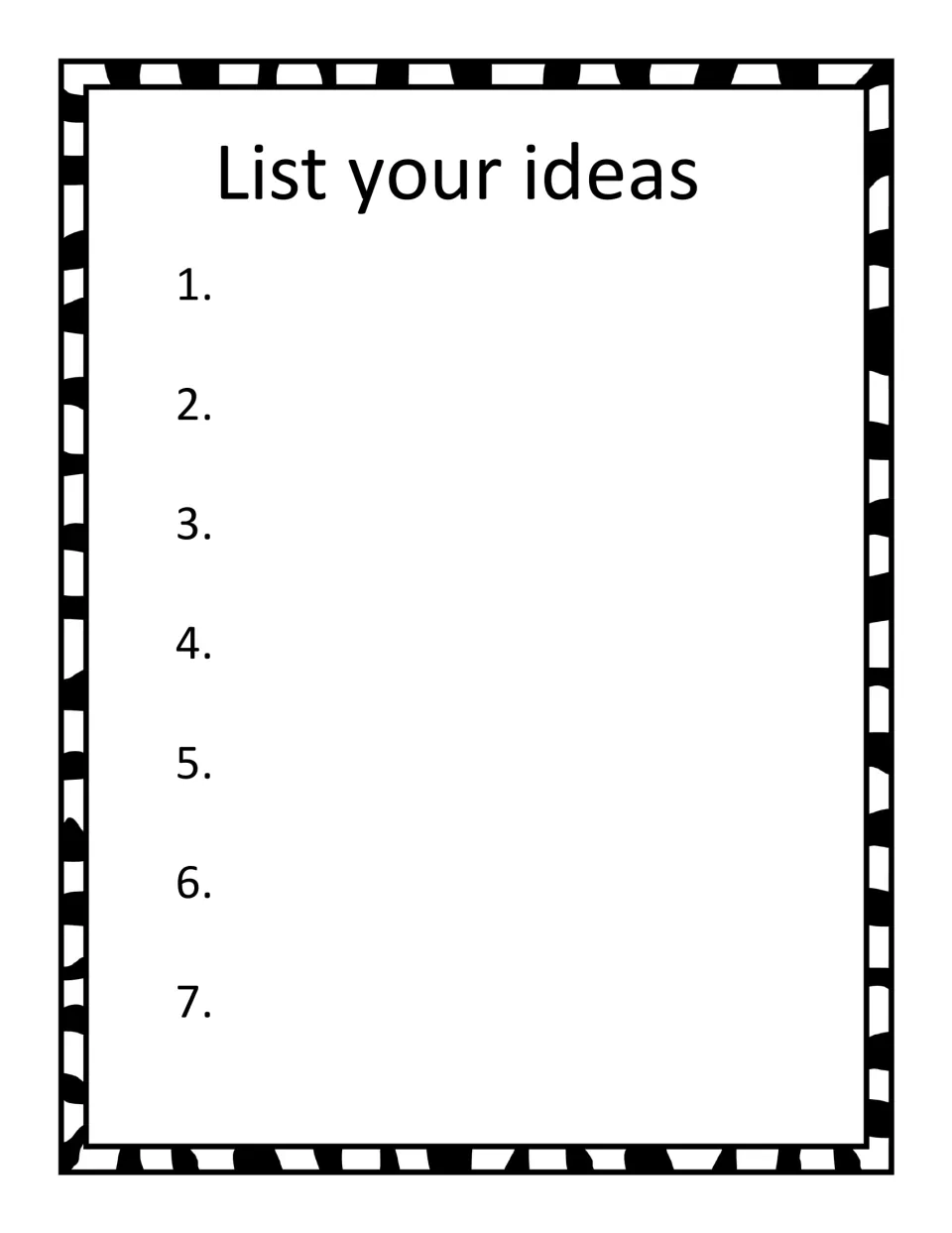 List your ideas: blank numbered brainstorming sheet where students jot up to seven ideas about their opinion topic