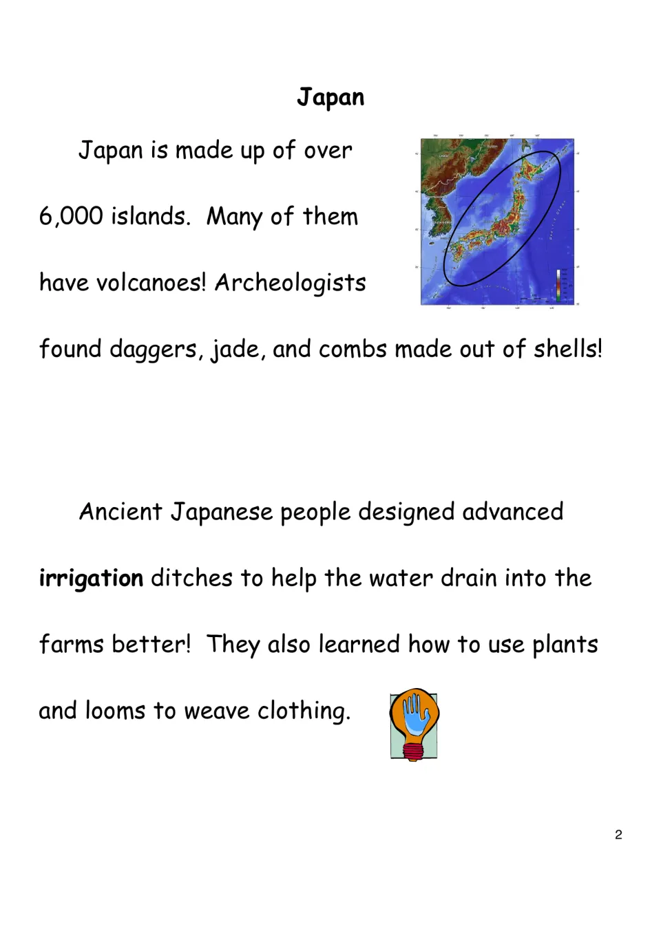 Ancient Japan reading: a map circles Japan's 6,000+ islands; text covers volcanoes, artifacts, irrigation and weaving