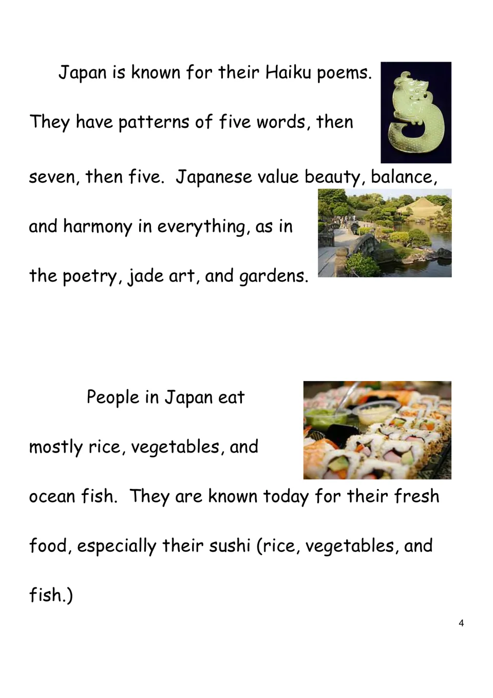 Japanese culture reading on haiku patterns, beauty and balance in jade art and gardens, and a rice, fish and sushi diet