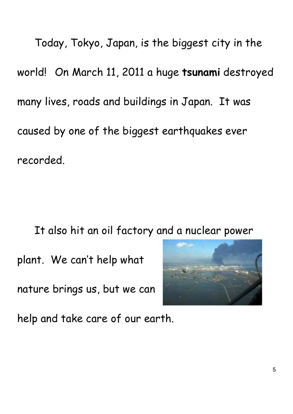 Modern Japan reading on Tokyo and the March 11, 2011 earthquake and tsunami, with a photo of flooding and smoke