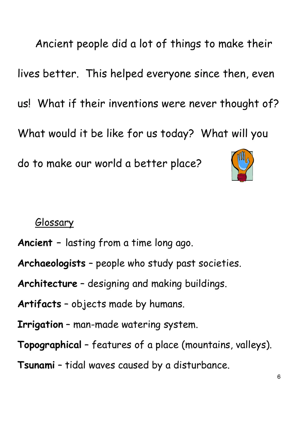 Reflection questions on how ancient inventions shape life today, then a glossary of seven terms from ancient to tsunami