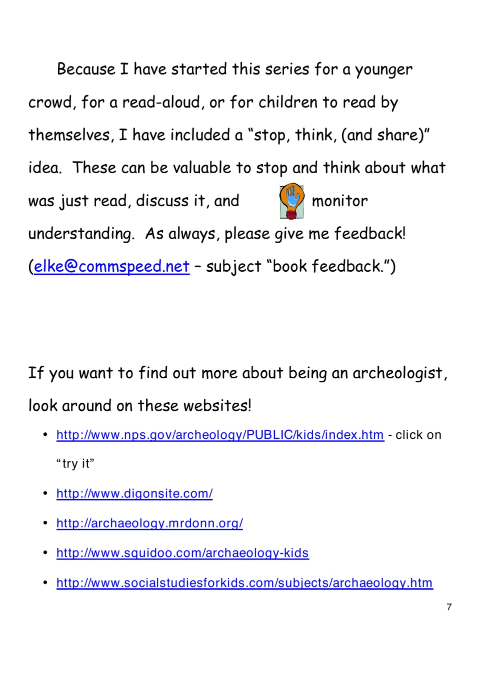 Author's note explaining the stop, think and share lightbulb icon, then a list of five archaeology websites for kids