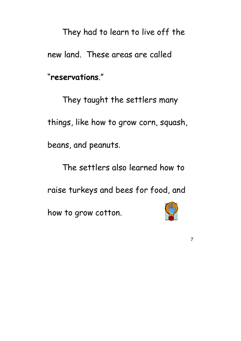 History eBook passage introducing reservations and describing crops and farming skills shared with settlers