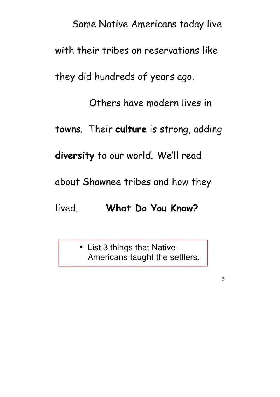 History eBook passage on Native Americans today, with a question asking for three things they taught settlers
