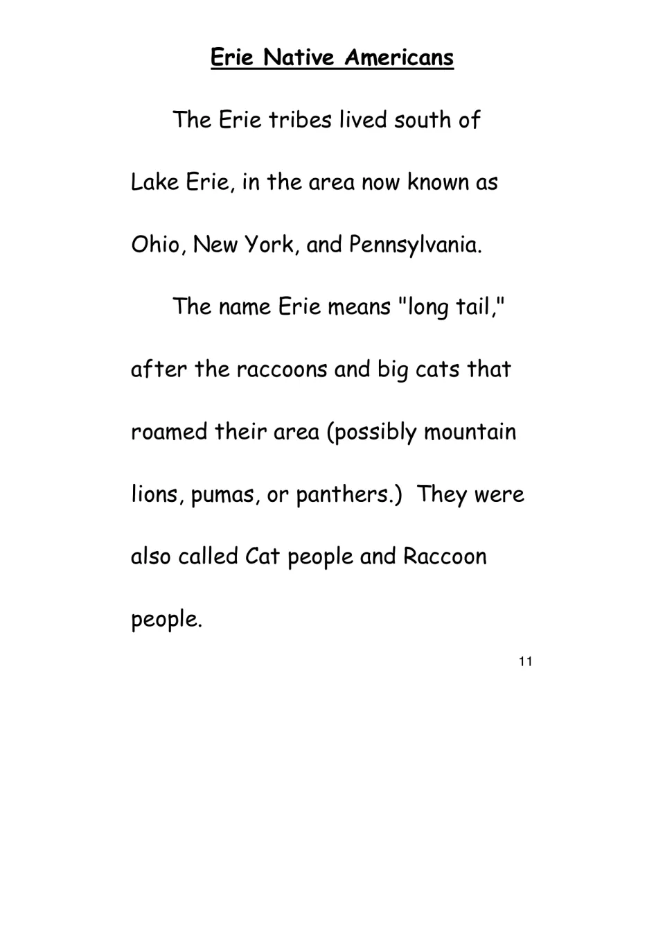 History eBook passage locating Erie tribes south of Lake Erie and explaining the names Cat people and Raccoon people