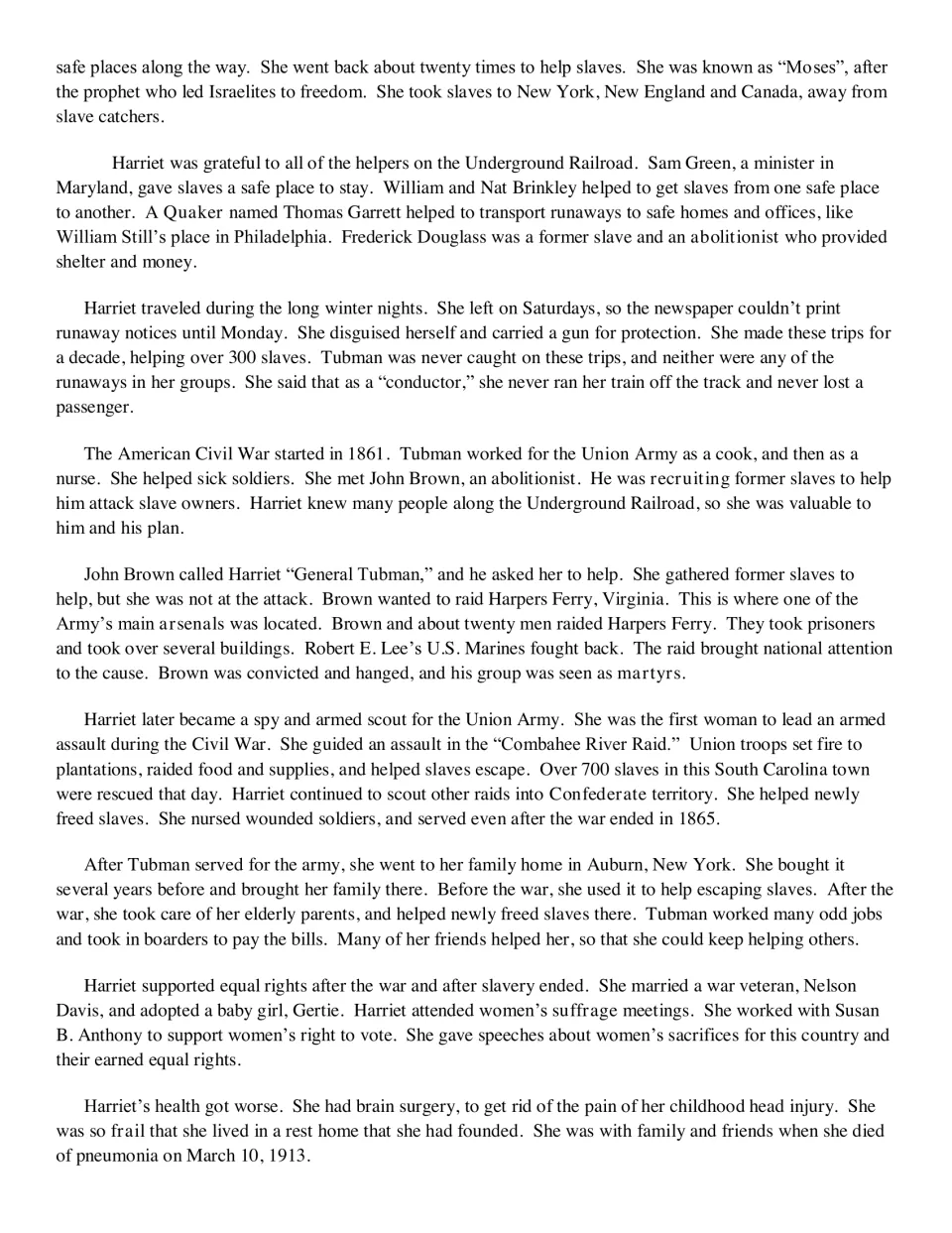 Biography continuation covering Tubman's rescue trips, Civil War service, and support for women's suffrage