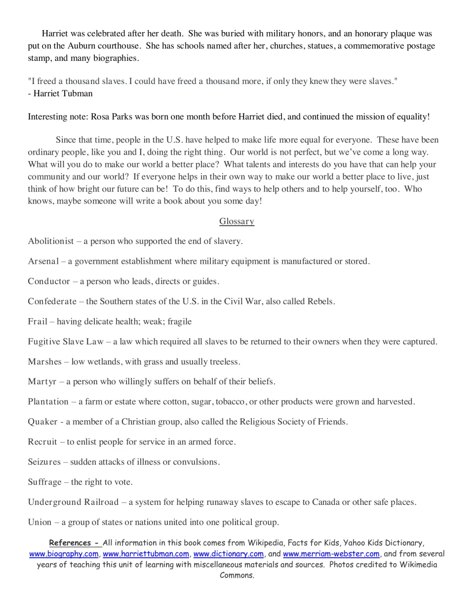 Biography conclusion about Tubman's legacy, followed by a glossary defining abolitionist, suffrage, and more