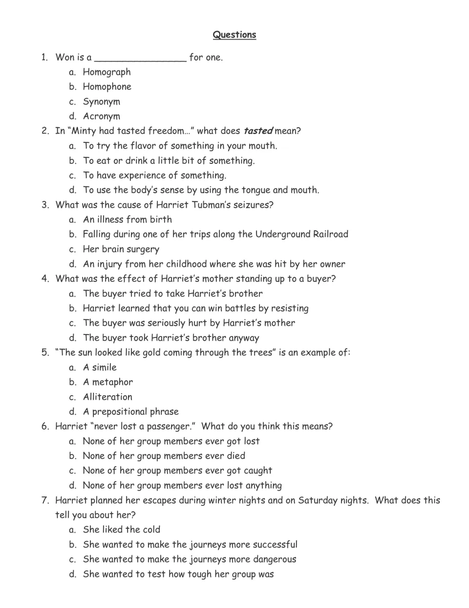 Reading questions 1–7 cover homophones, word meaning, Tubman's injury, resistance, a simile, and rescue plans