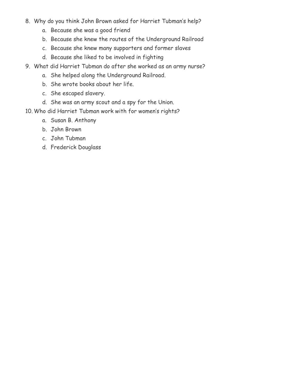 Reading questions 8–10 ask about John Brown's request, Tubman's scout and spy work, and women's rights