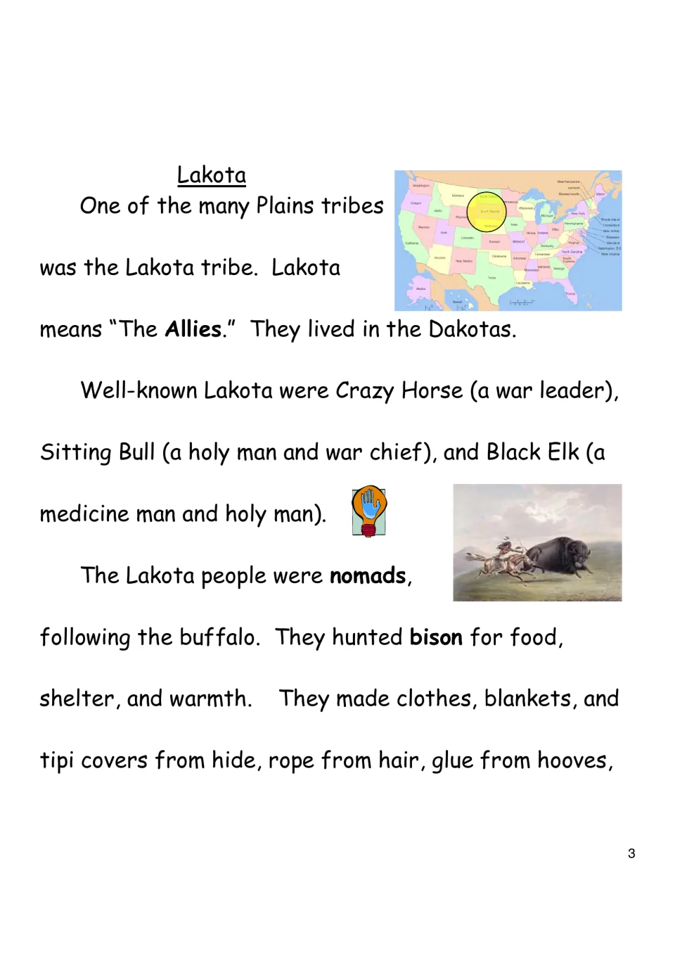 Lakota reading introduces the name’s meaning, the Dakotas, three historical figures, and uses of bison