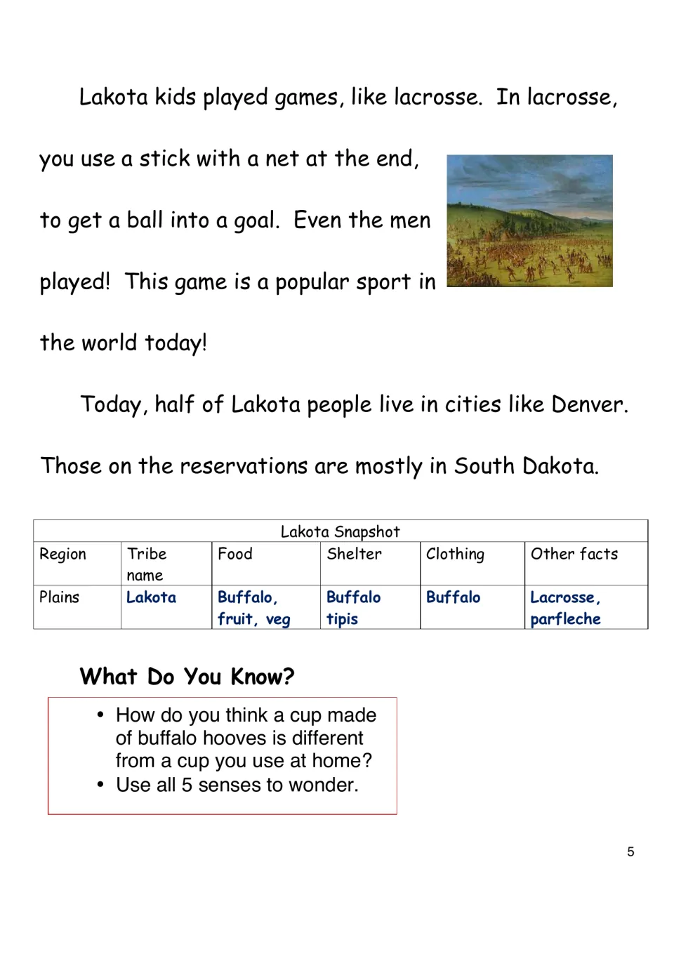 Lakota reading covers lacrosse and present-day communities, followed by a snapshot and a five-senses prompt