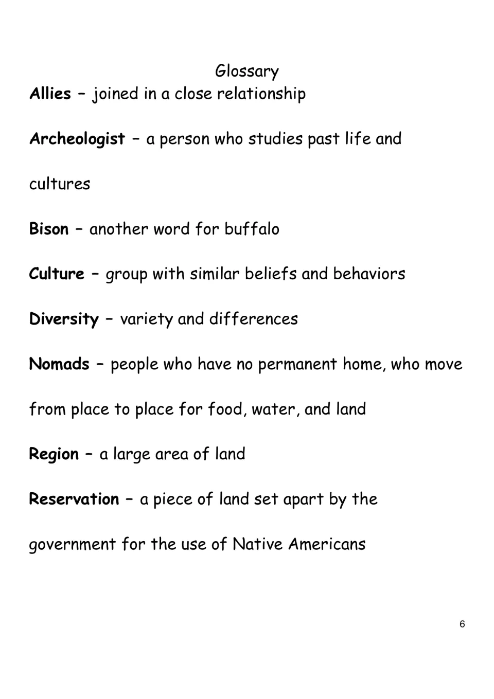 Glossary for the Lakota eBook defines allies, archeologist, bison, culture, diversity, and three more terms
